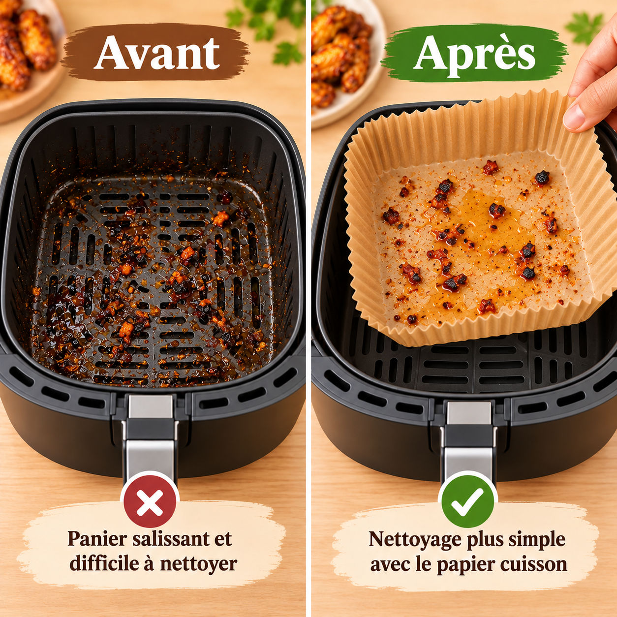 Exemple avant et après avec papier cuisson Airfryer carré